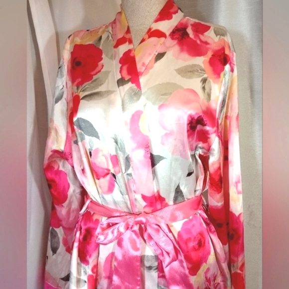 2Pc:Rose Satin Robe+Slip: Floral Pinks & White, Satin+ Lace, Tie, Straps, M - Picture 6 of 16
